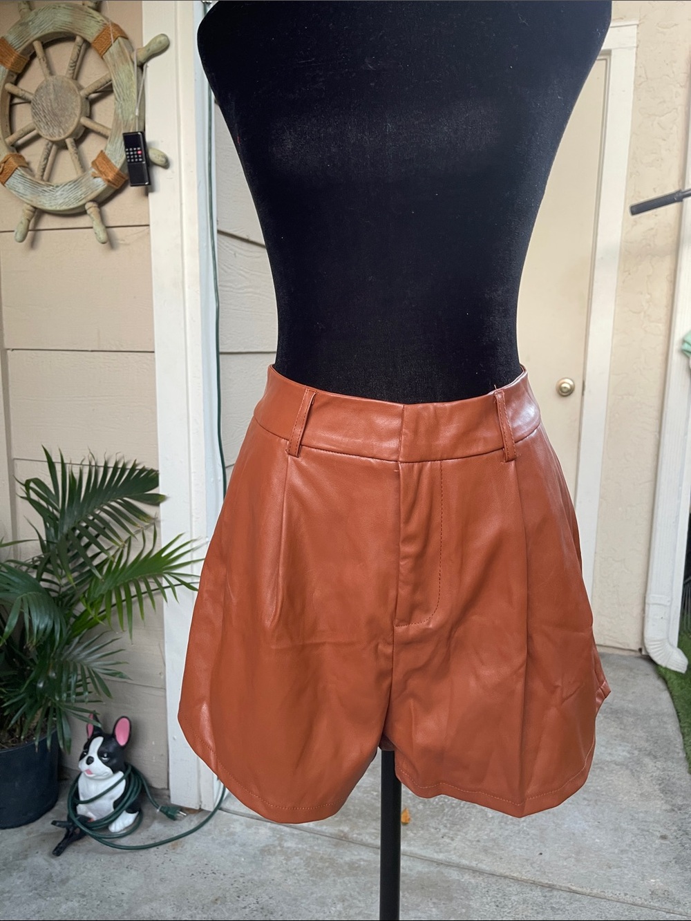 Women's Vegan Leather High-Waist Shorts in Rust